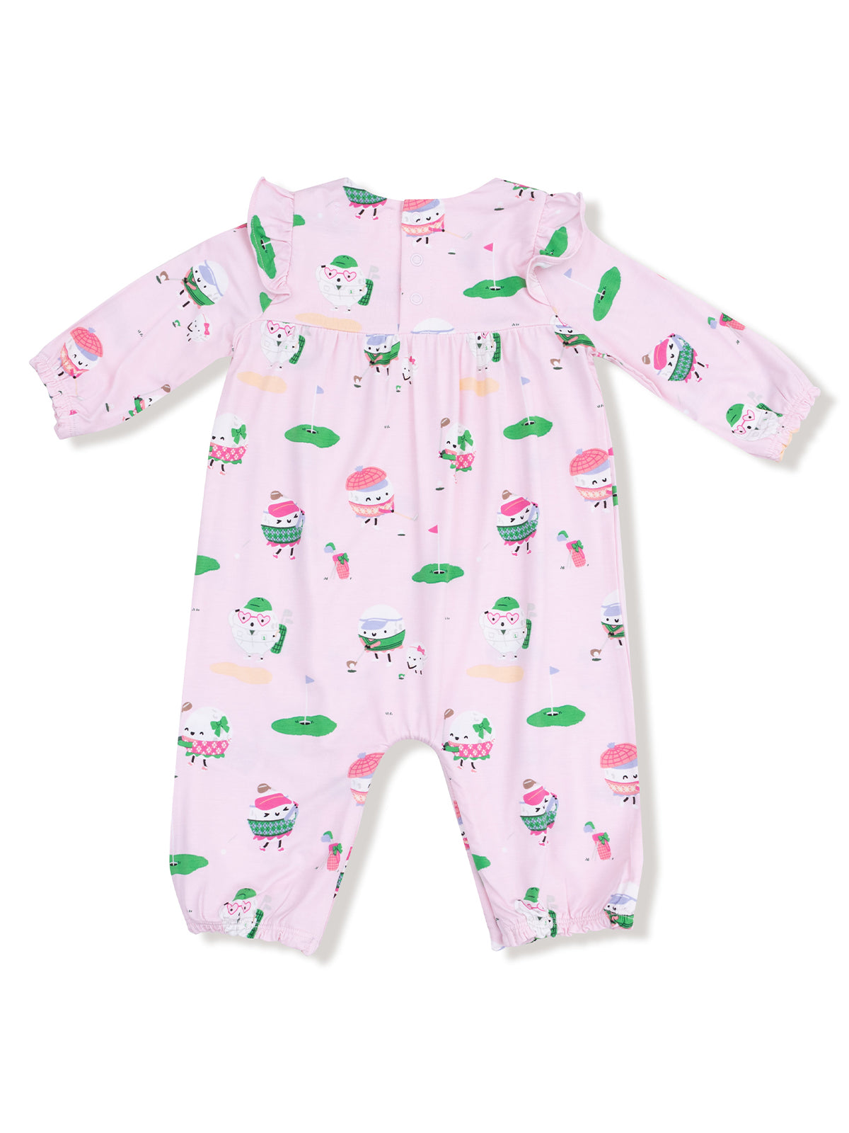 Light pink romper with playful ice cream and animal motifs, featuring long sleeves and a cinched waist.