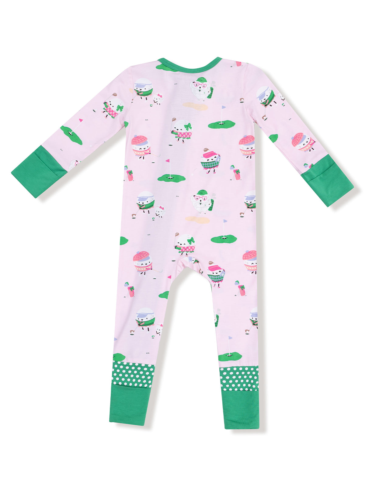 Back view of a kids' pajama featuring colorful ice cream characters on a light pink background.