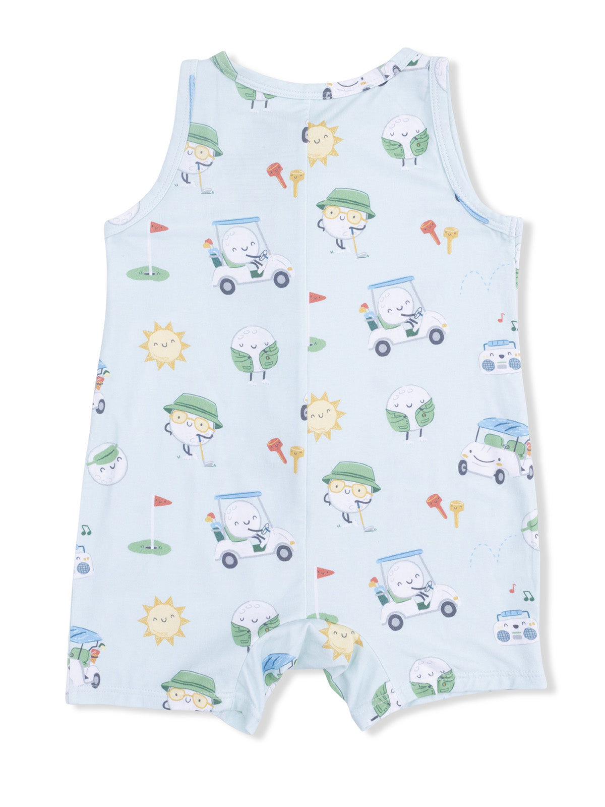 Light blue children's romper featuring playful golf-themed graphics with suns, golf carts, and playful characters.