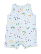 Light blue children's romper featuring playful golf-themed graphics with suns, golf carts, and playful characters.