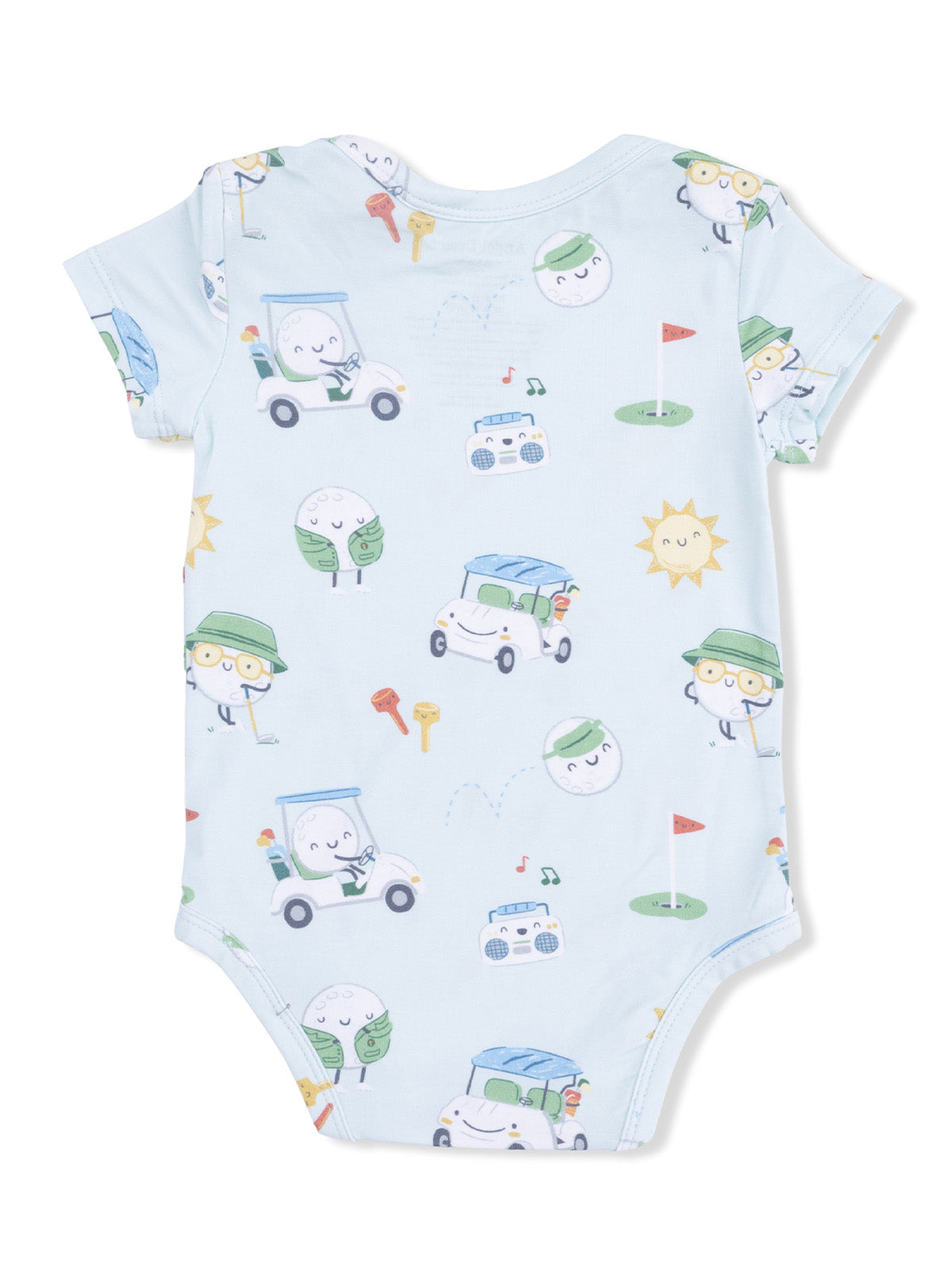 Light blue onesie featuring playful, cartoonish characters in cars, golf items, and cheerful sun illustrations.