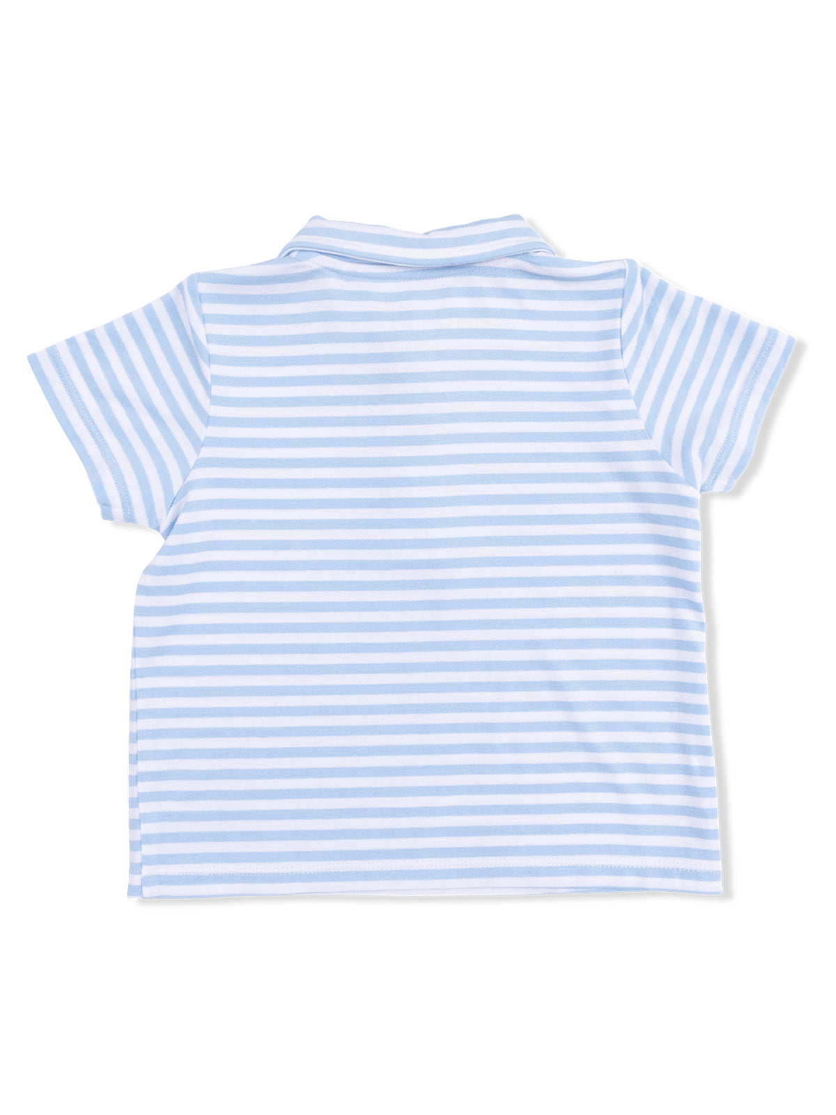 Light blue and white striped short-sleeve polo shirt viewed from the back.