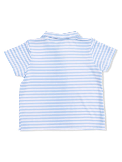 Light blue and white striped short-sleeve polo shirt viewed from the back.