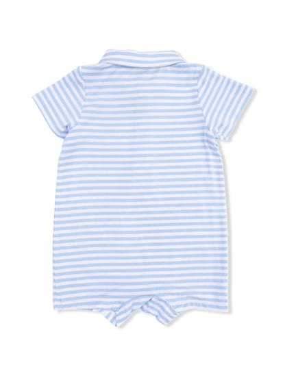 Back view of a light blue and white striped baby romper with short sleeves and a polo-style collar.