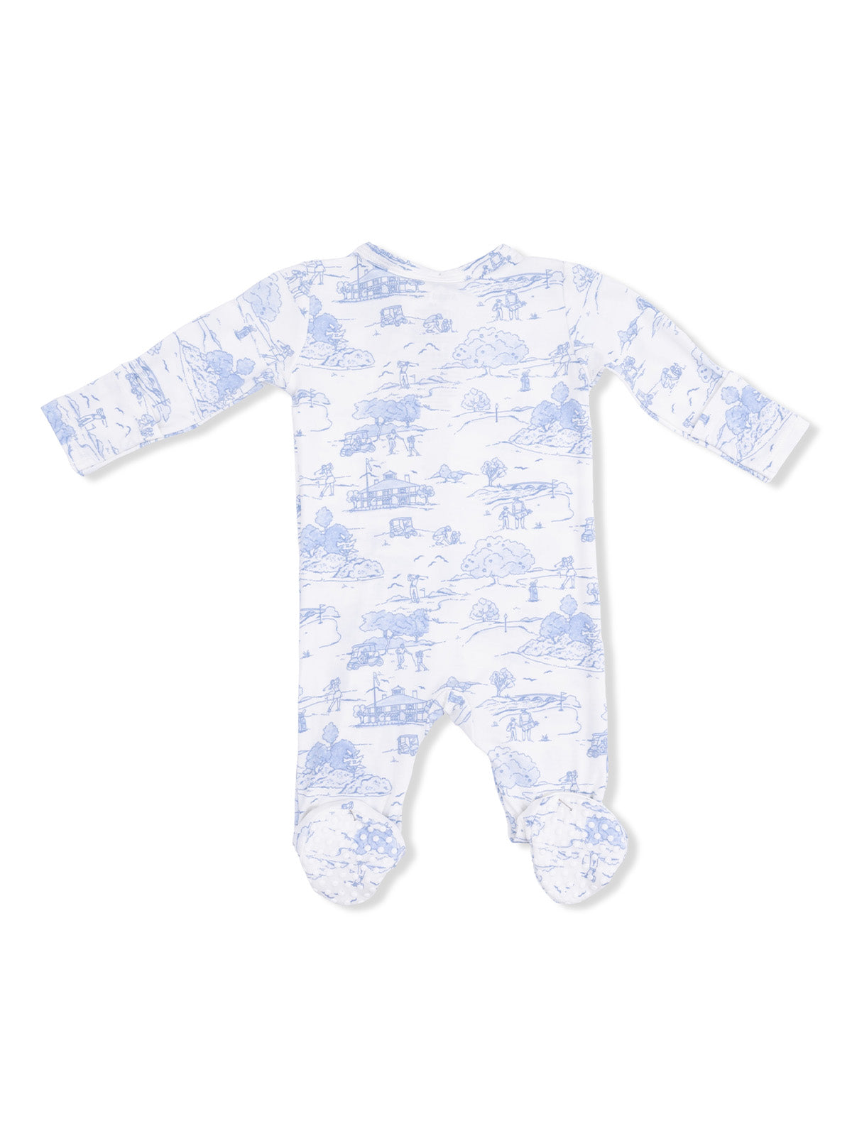 White baby onesie with blue illustrated scenery design, including trees and figures, long sleeves, and footed bottom.