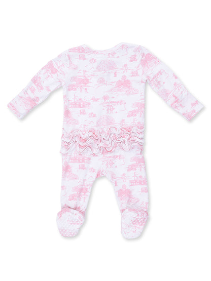 2-Way Zip Ruffle Footie, Golf Toile Pink