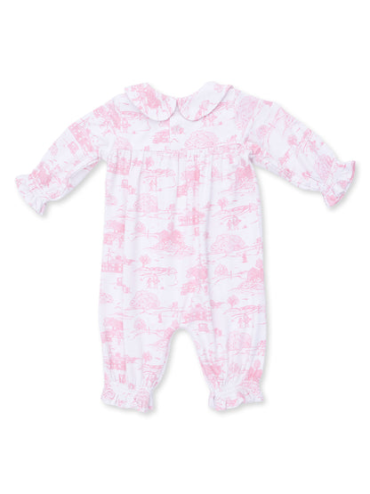 Smocked Long Sleeve Romper, Golf Toile Pink