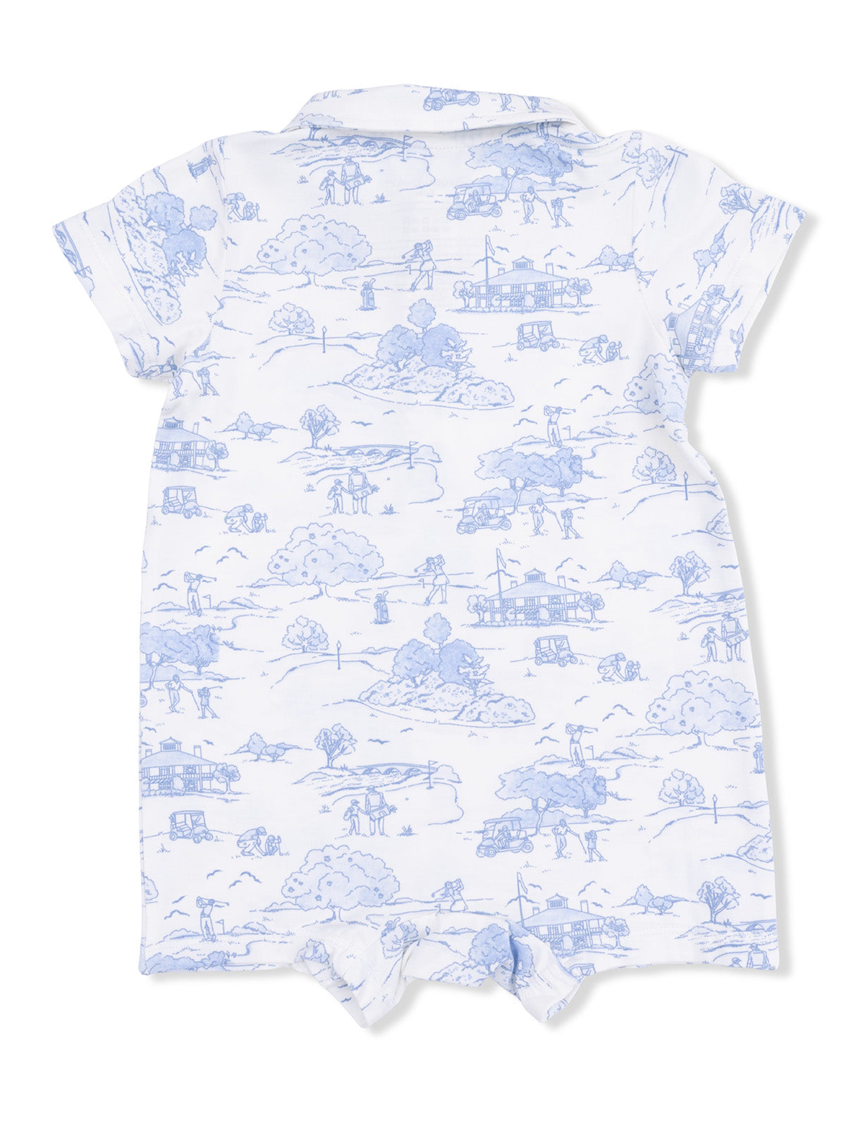 Light blue short-sleeve romper with landscape and outdoor activity illustrations on a white background.