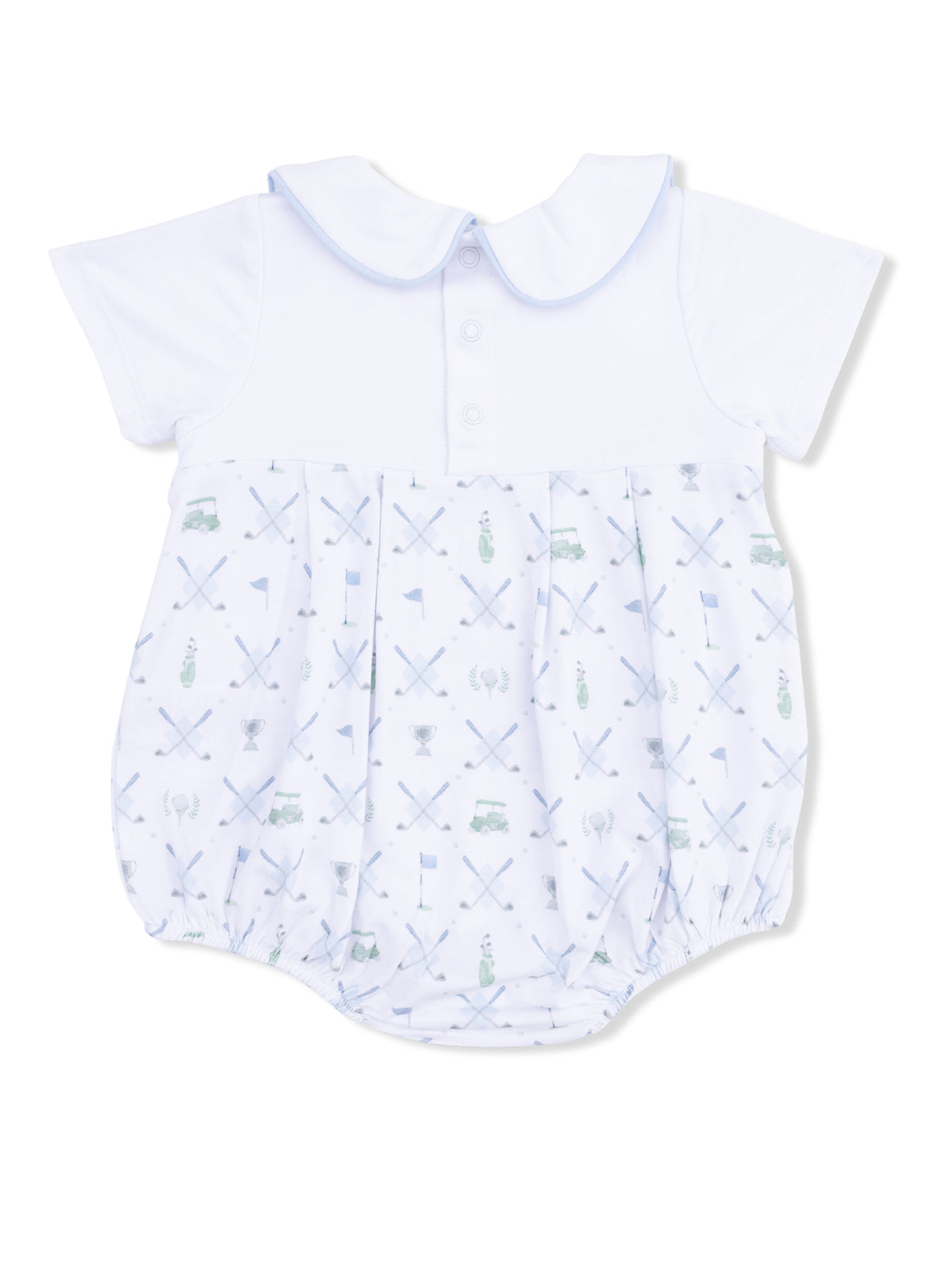 White baby romper with blue accents, featuring a fun print of golf-related items and patterns. Ideal for casual wear.