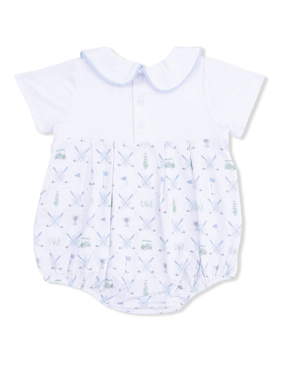 White baby romper with blue accents, featuring a fun print of golf-related items and patterns. Ideal for casual wear.