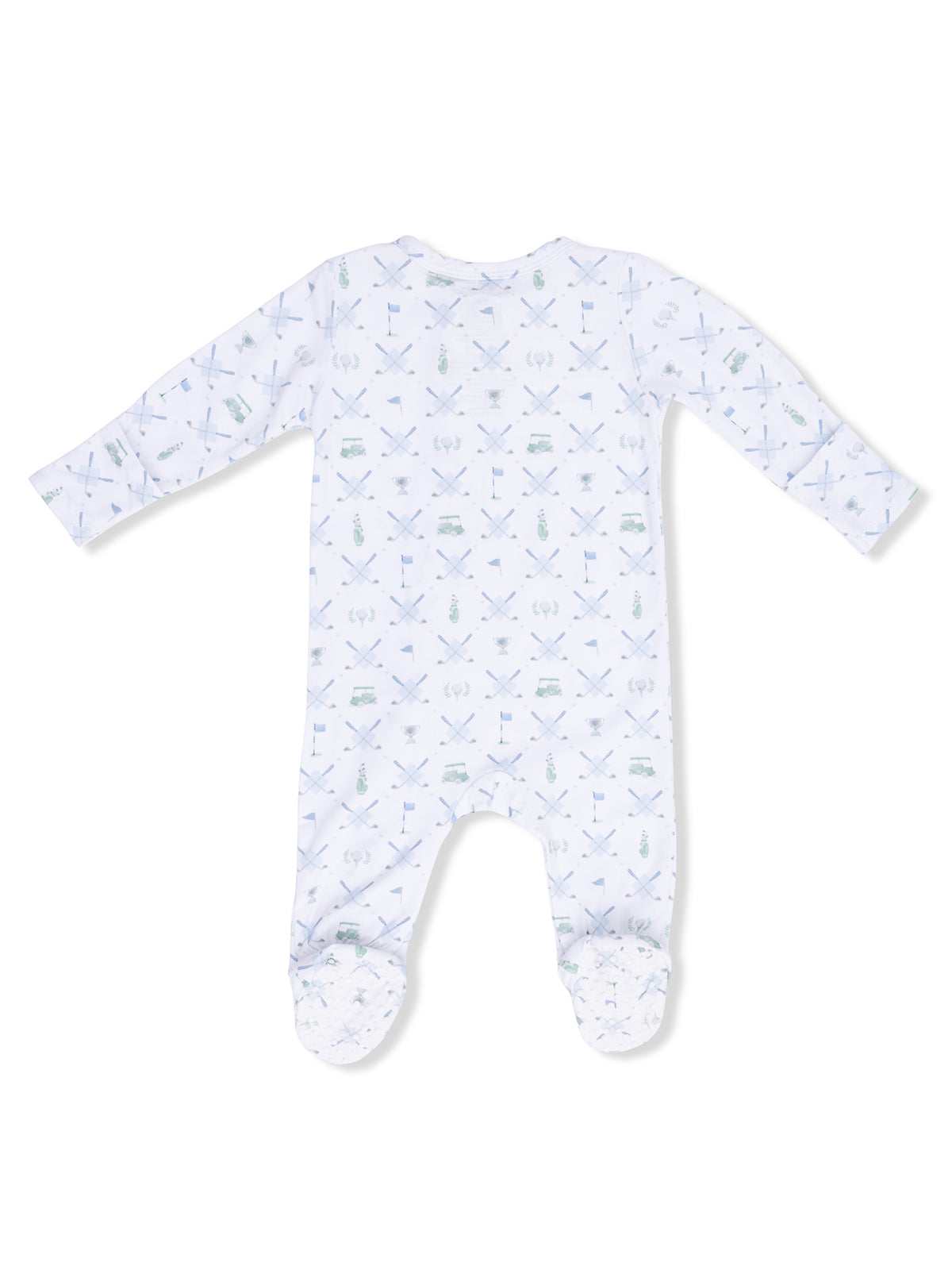 White baby onesie with colorful marine-themed patterns, featuring long sleeves and footed design.