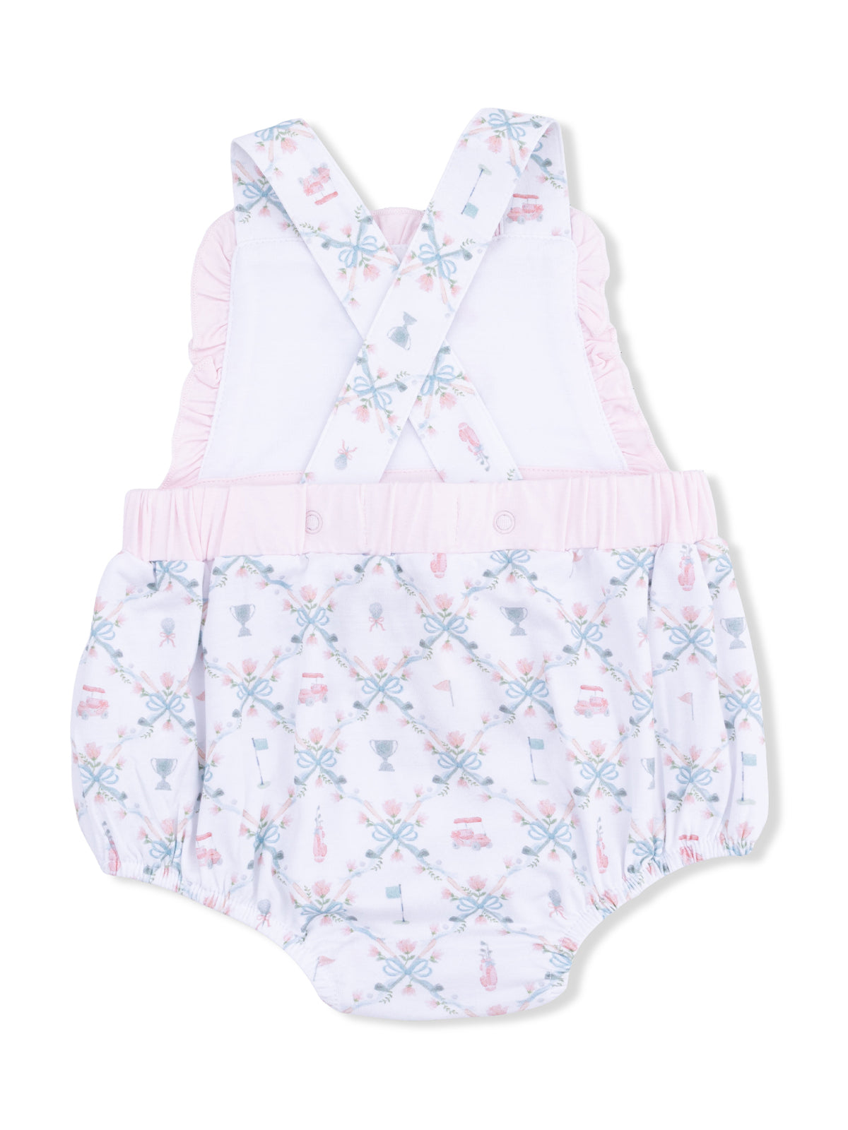 Baby romper with pink accents and patterned design featuring cups, ribbons, and playful motifs.