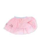 Pink gingham skirt with a gray waistband and embroidered details, perfect for girls' casual outfits.