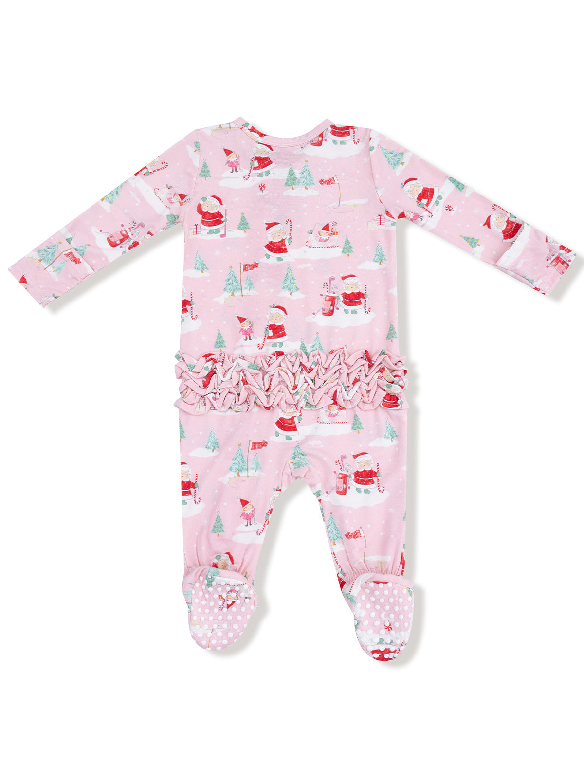Pink baby onesie featuring Santa and Christmas trees with ruffled trim and polka dot feet. Perfect for the holidays.