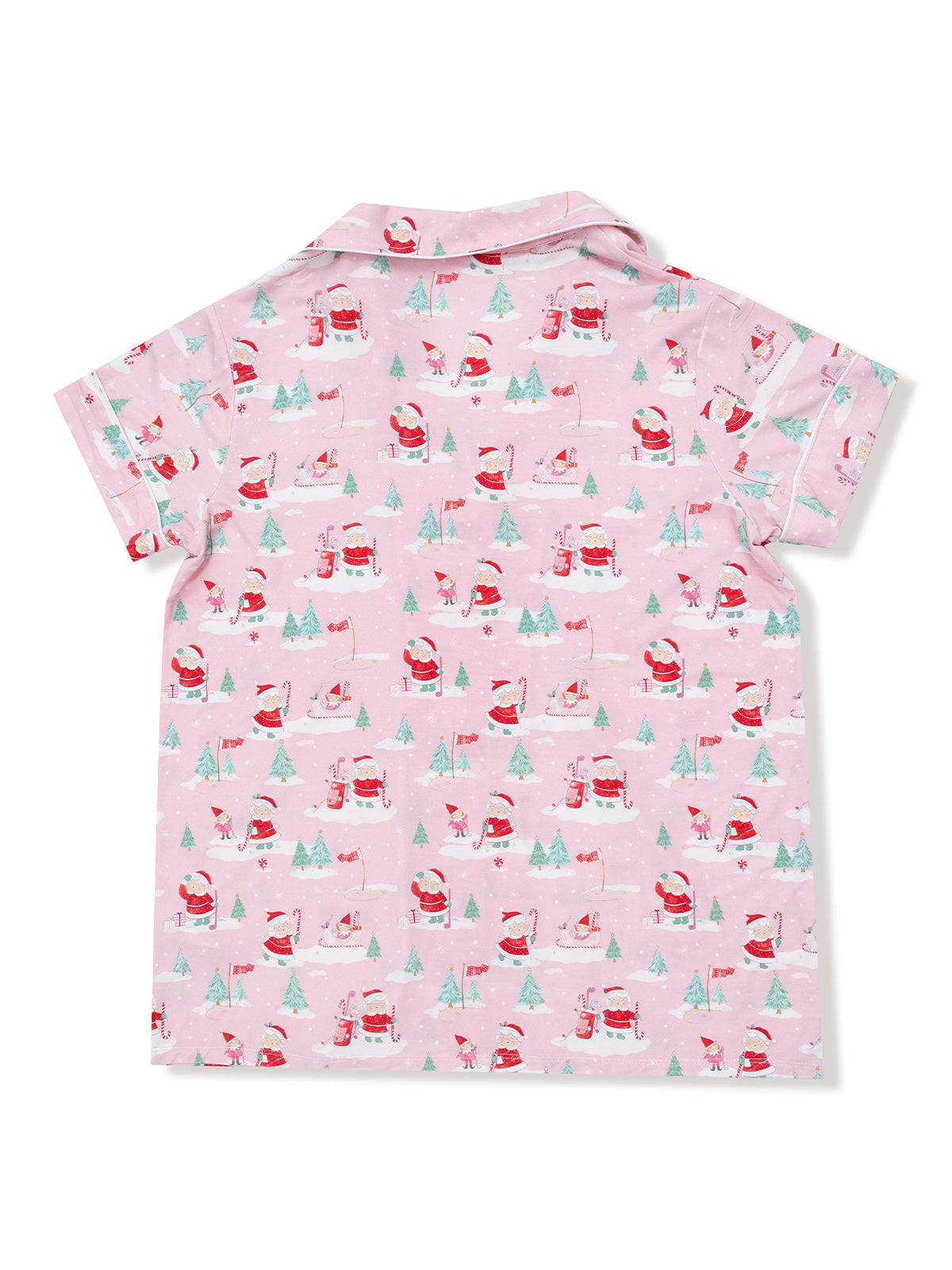 Pink short-sleeve shirt with a festive Santa and tree print, featuring a playful winter theme.