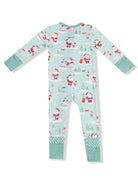 Child's holiday pajamas featuring playful Santa patterns on a light blue background.