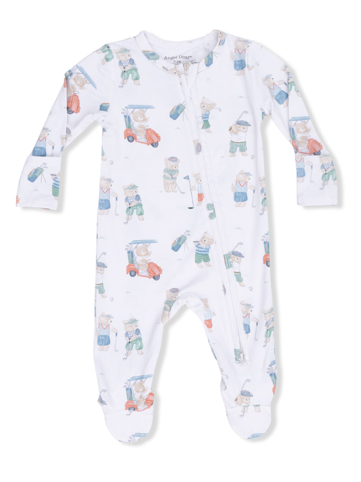 White baby onesie featuring playful bear golfers in various poses and colorful outfits. Perfect for infants.