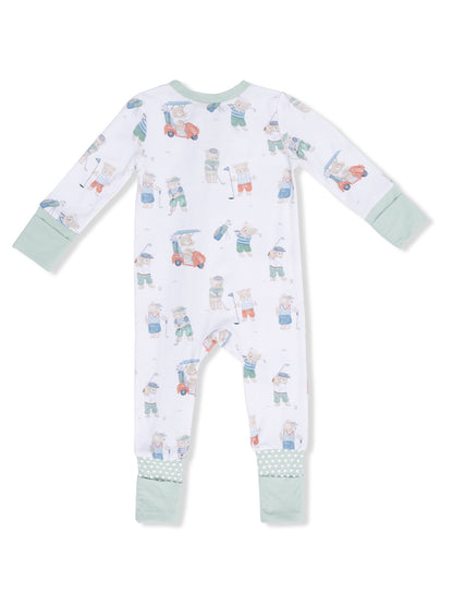Toddler pajama suit featuring playful bear golfing patterns and mint green cuffs.