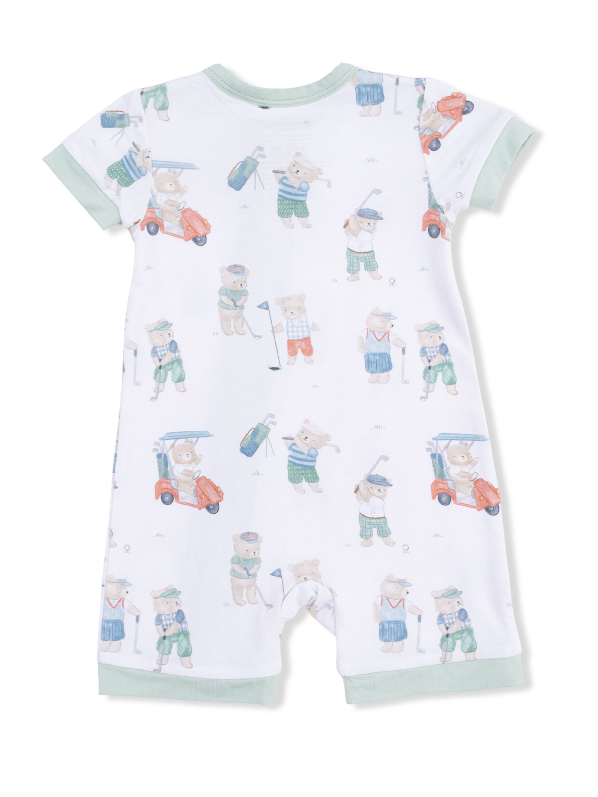 Children's onesie featuring playful golf-themed bear illustrations on a white background. Short sleeves with green trim.
