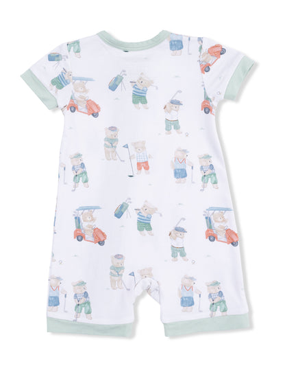 Children's onesie featuring playful golf-themed bear illustrations on a white background. Short sleeves with green trim.