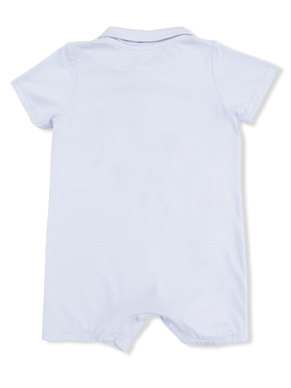 Light blue short-sleeve onesie with a polo collar, viewed from the back.