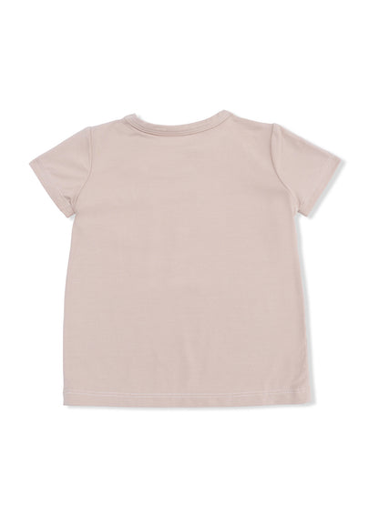 Light beige short-sleeve t-shirt viewed from the back, featuring a classic crew neckline and soft fabric.