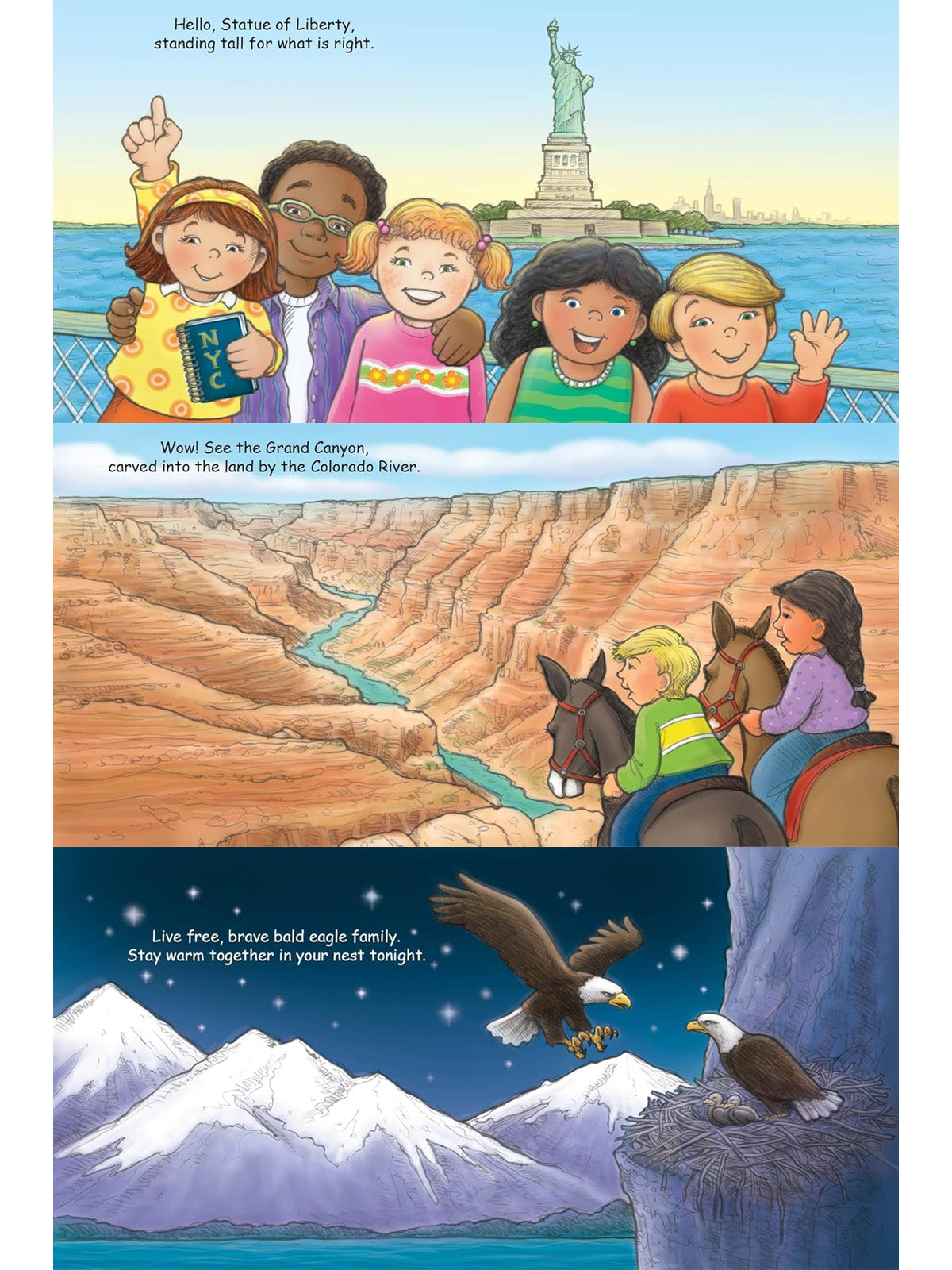 Illustration of kids by the Statue of Liberty, Grand Canyon view, and a family of bald eagles in the mountains.
