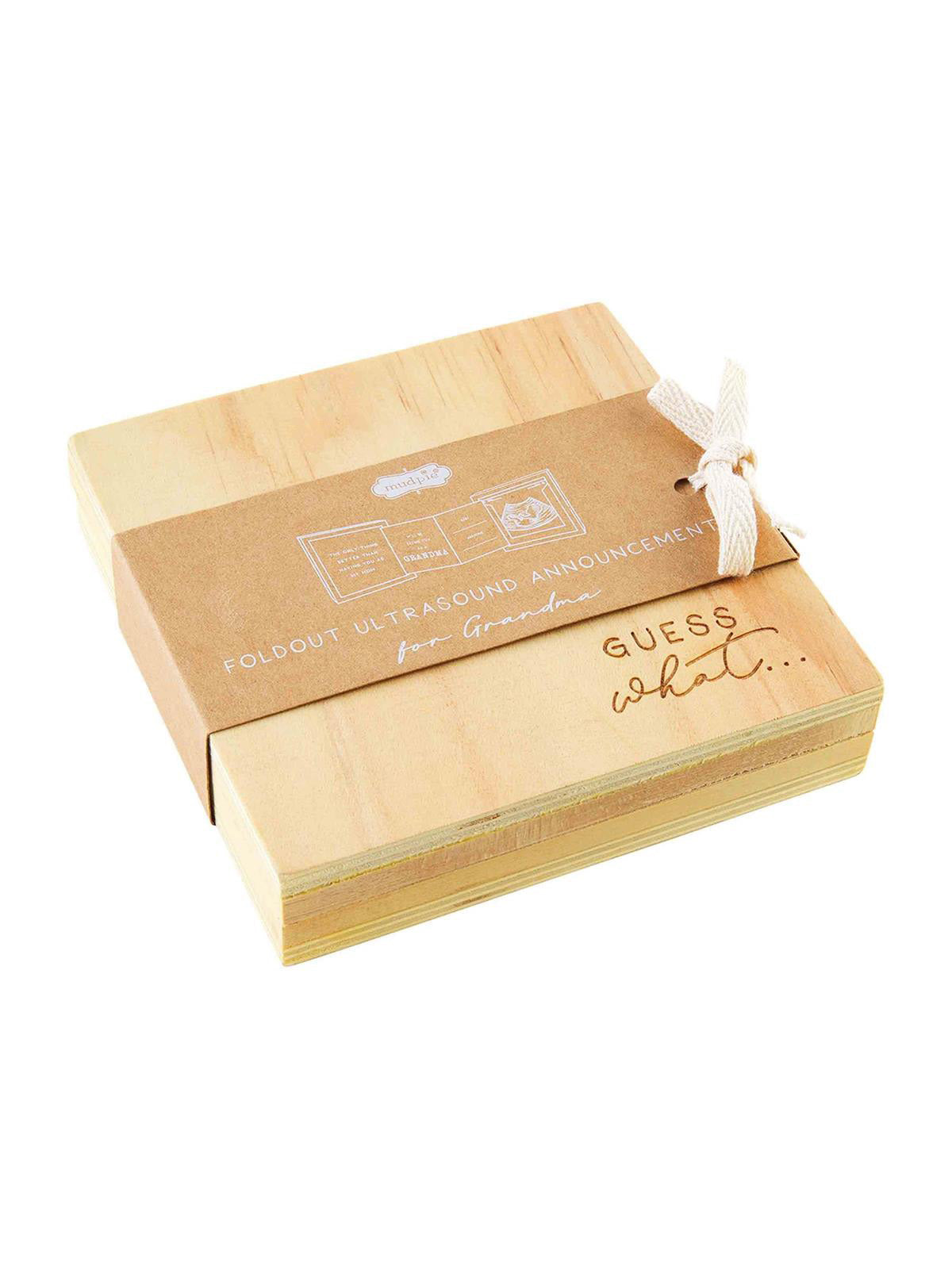 Wooden ultrasound announcement box with "Guess what..." text, tied with a ribbon, ideal for sharing baby news.