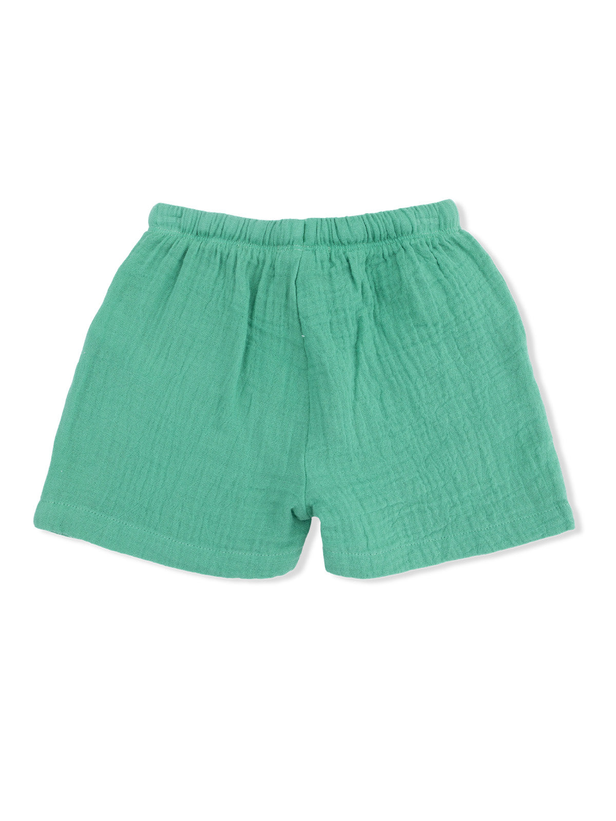 Green toddler shorts made of soft, lightweight fabric with an elastic waistband.