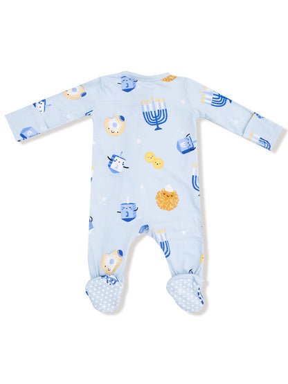 Light blue baby onesie featuring playful Hanukkah-themed patterns with dreidels and menorahs.
