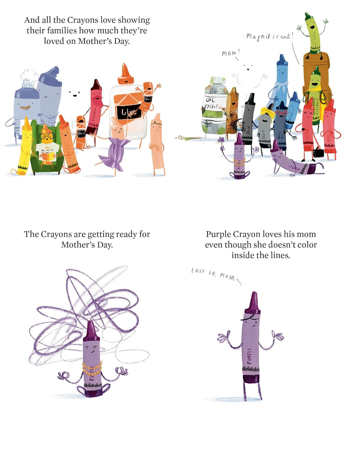 Crayons celebrating Mother's Day with colorful drawings and messages of love. Purple Crayon expresses affection for mom.