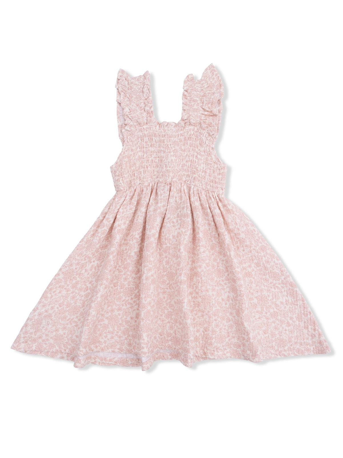 Pink floral dress with smocked bodice and ruffled straps, perfect for warm weather.