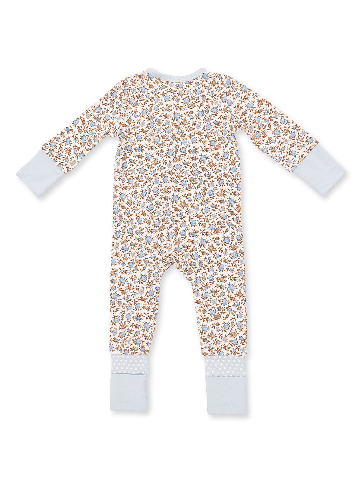 Floral patterned baby onesie with long sleeves and soft blue accents, displayed from the back.