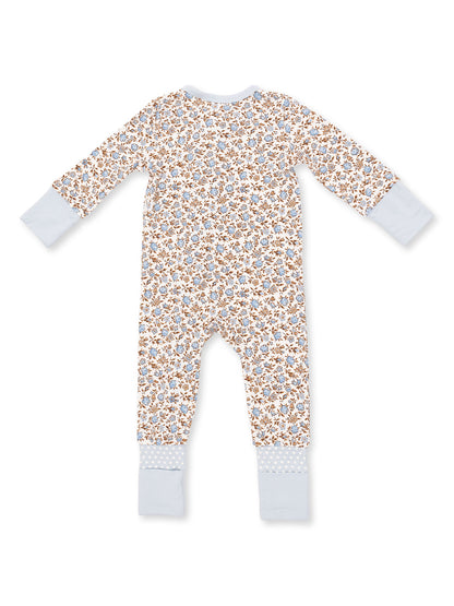 Floral patterned baby onesie with long sleeves and soft blue accents, displayed from the back.