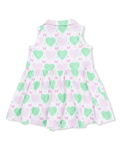 Girls' sleeveless dress featuring a pastel heart and bow print in green and pink shades.