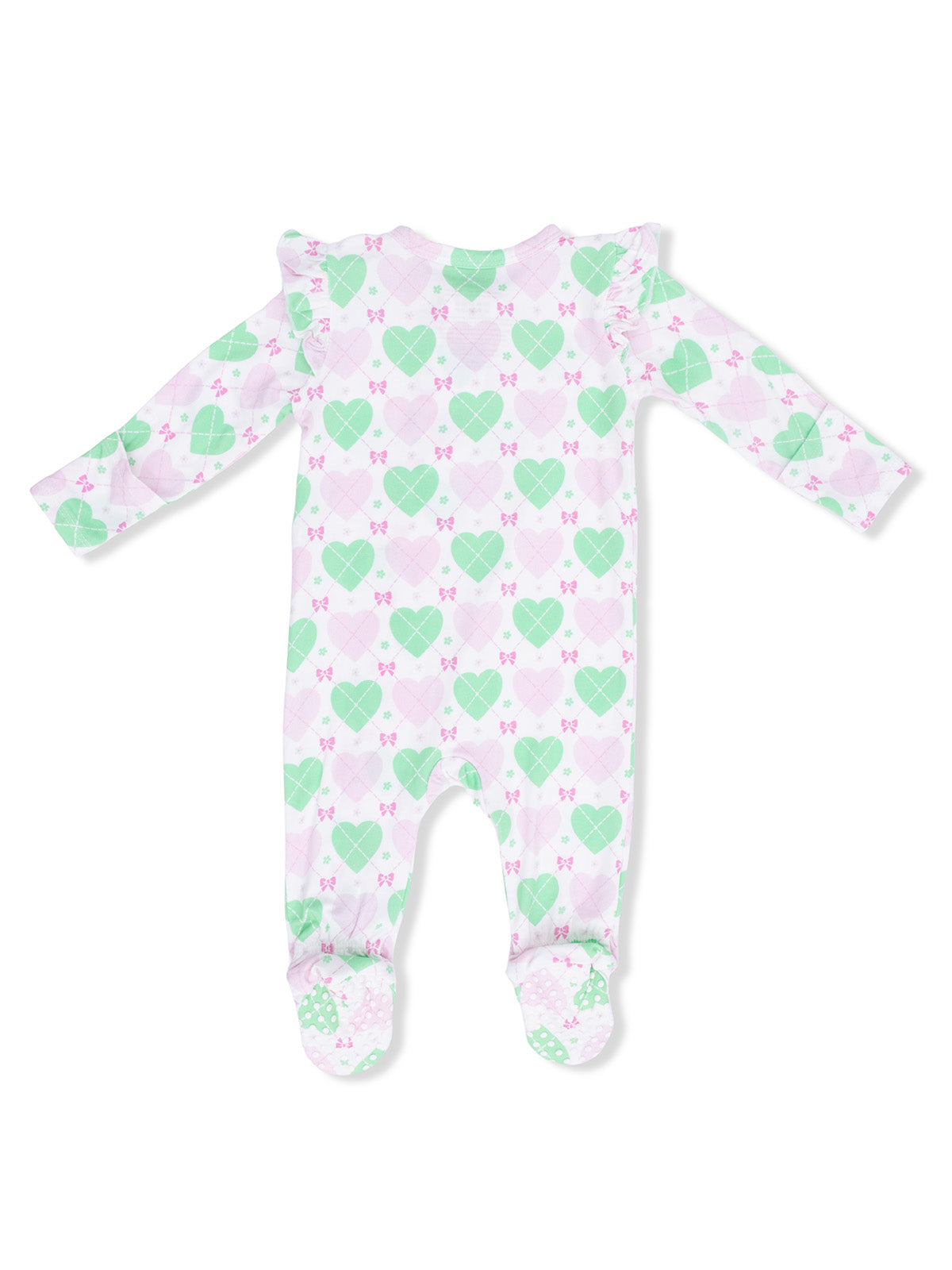 Infant romper with ruffled sleeves, featuring a heart pattern in green and pink on a white background.