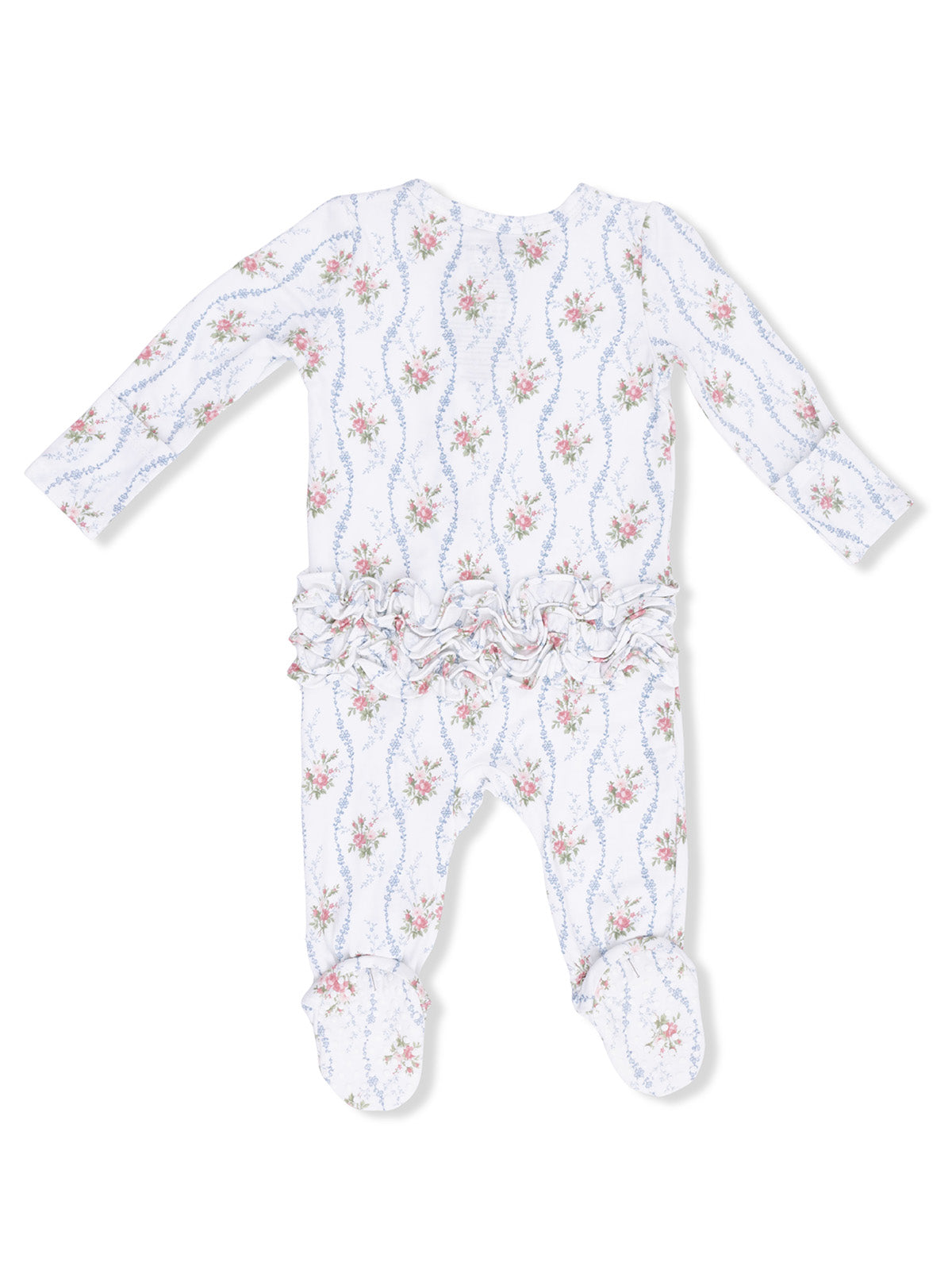 Floral baby onesie with long sleeves and ruffle details, featuring a white background and pastel flower patterns.