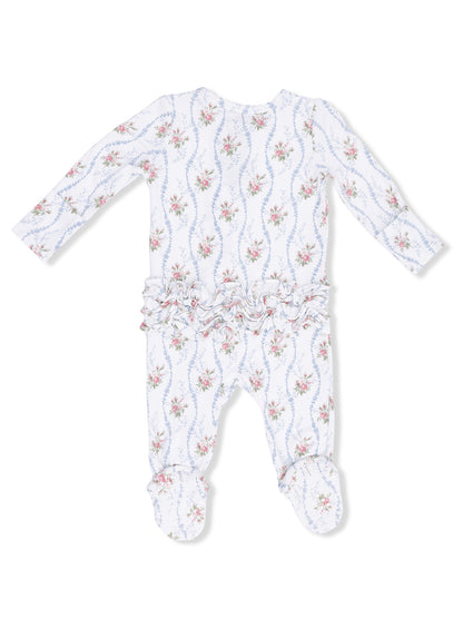 Floral baby onesie with long sleeves and ruffle details, featuring a white background and pastel flower patterns.