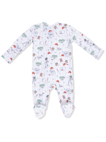 White baby onesie featuring playful baseball-themed illustrations and footed design.