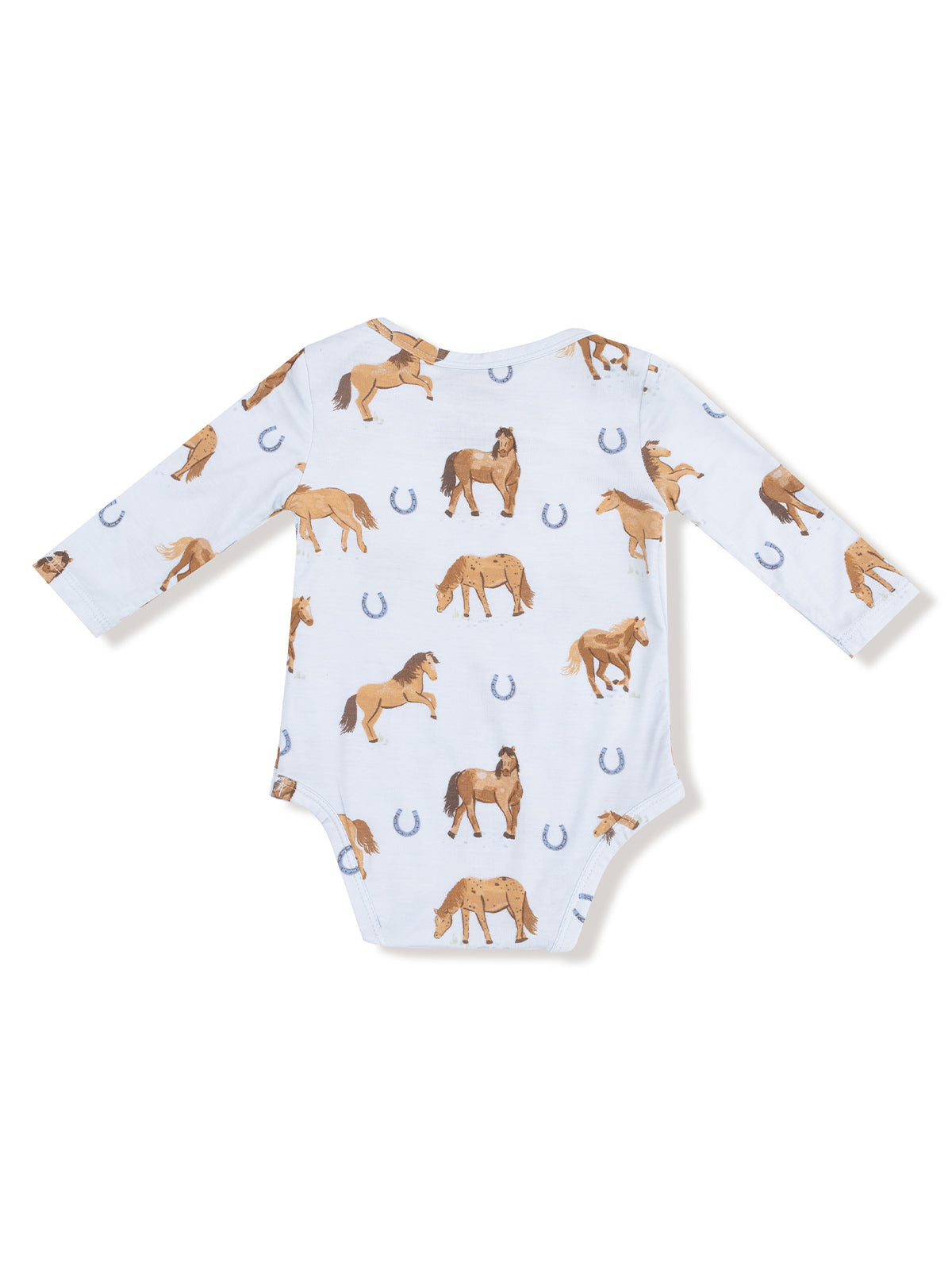 Baby bodysuit with long sleeves, featuring a horse and horseshoe pattern on a light blue background.