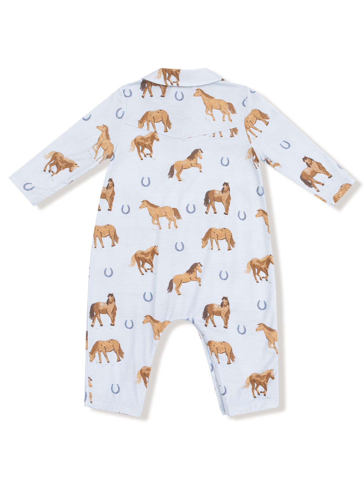 Light blue onesie with horse and horseshoe patterns, featuring long sleeves and a collar.