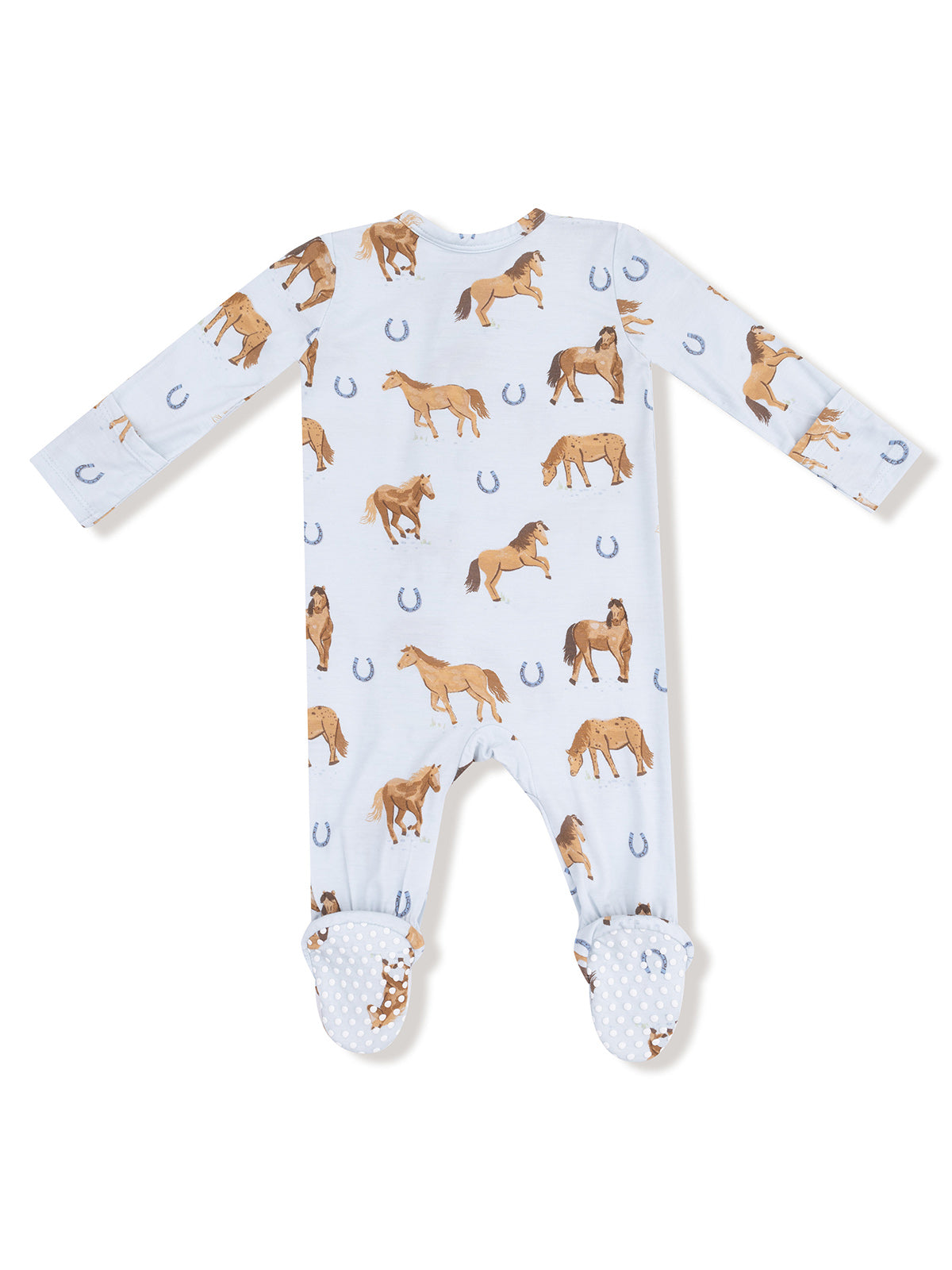 Light blue baby onesie featuring brown horses and horseshoes, with polka dot anti-slip feet.