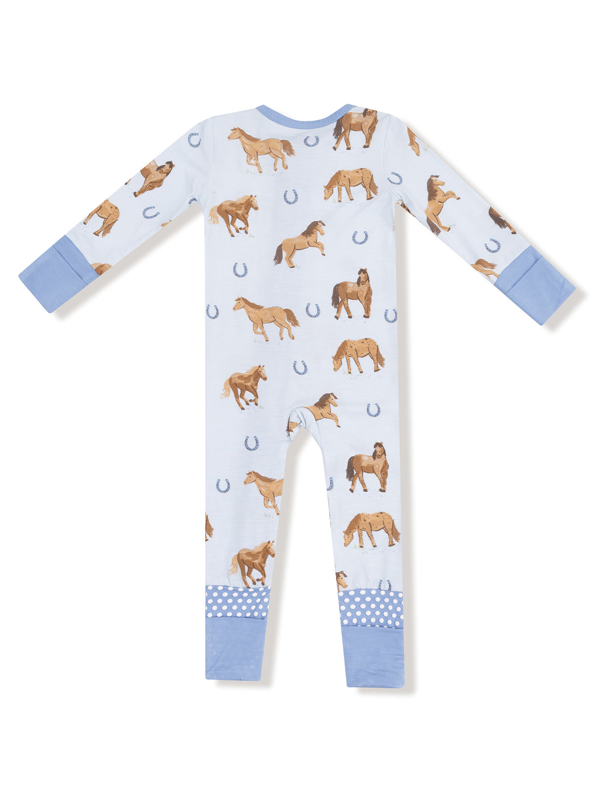 Back view of light blue pajama with horse prints and horseshoe designs on fabric.