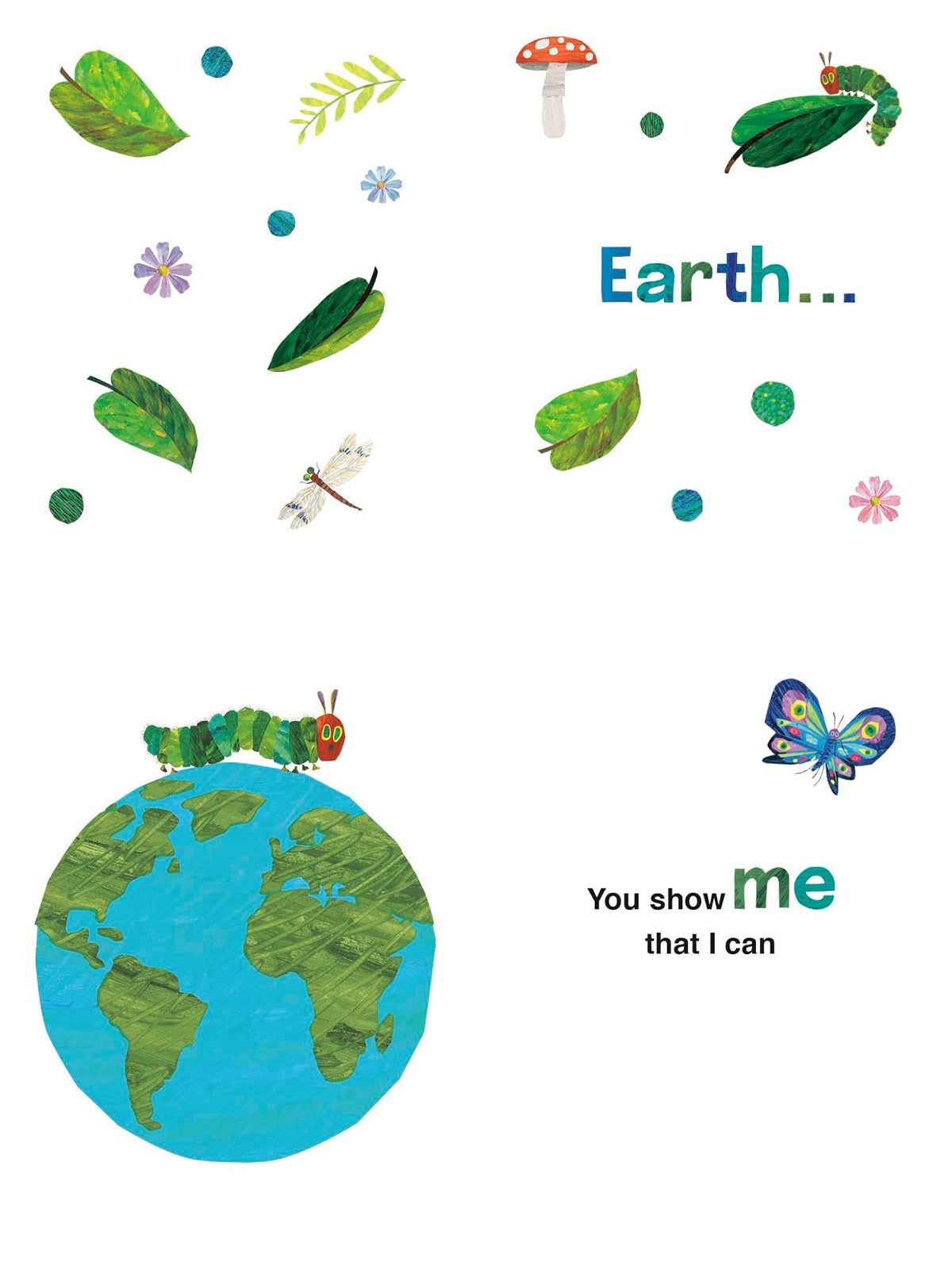 Colorful illustration featuring Earth with a caterpillar and butterfly, surrounded by leaves and flowers.