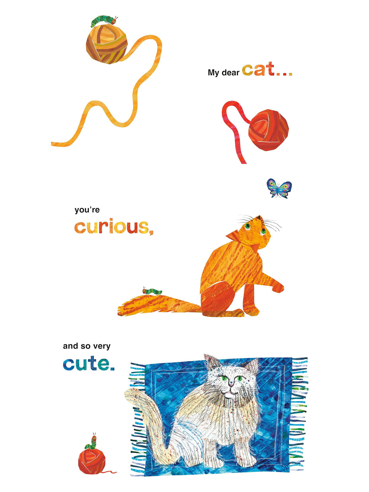 Illustration of two cats with playful expressions and a ball of yarn, featuring text about their curious and cute nature.