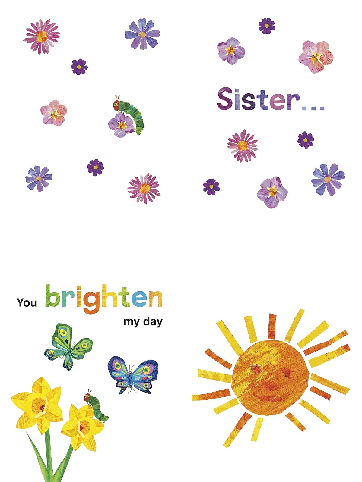 "Whimsical card for a sister, featuring flowers, a caterpillar, butterflies, and sunshine with playful text."
