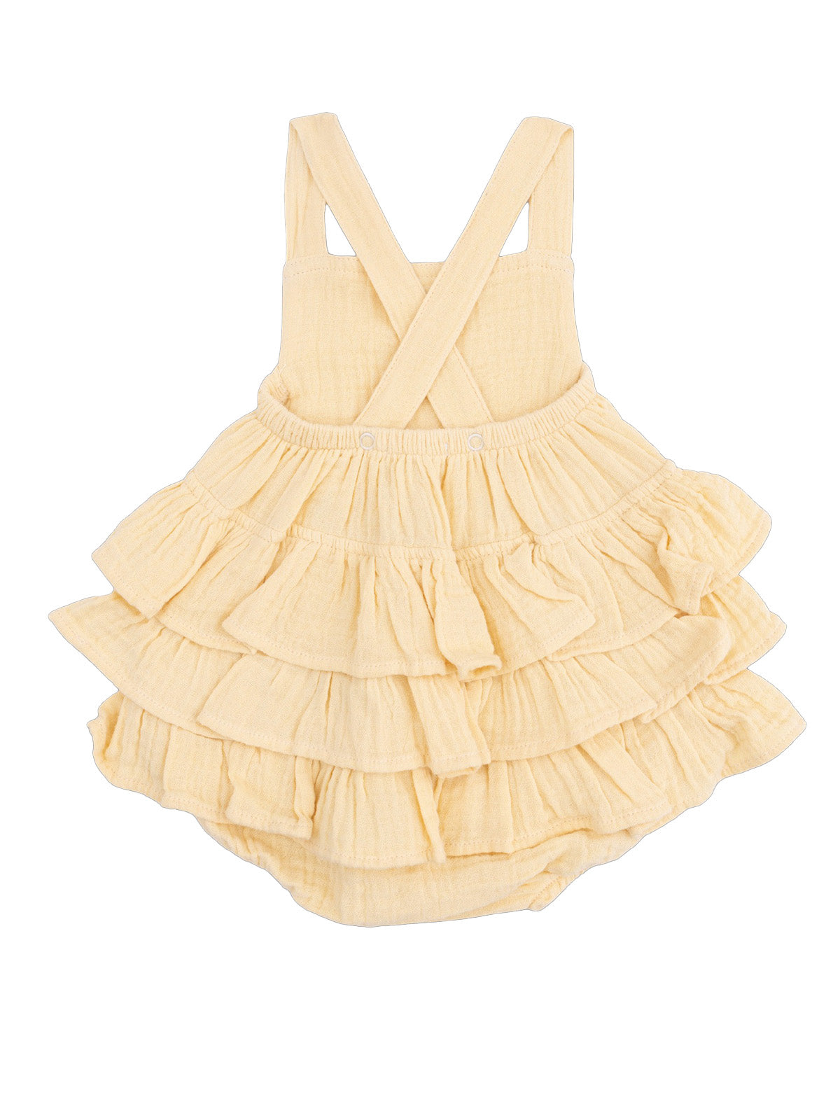 Yellow tiered dress with crisscross straps and ruffled layers for infants.