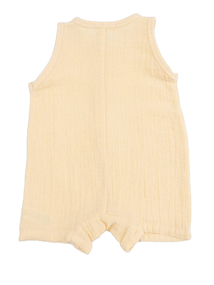 Light yellow sleeveless romper from the back, featuring a soft texture with short legs.