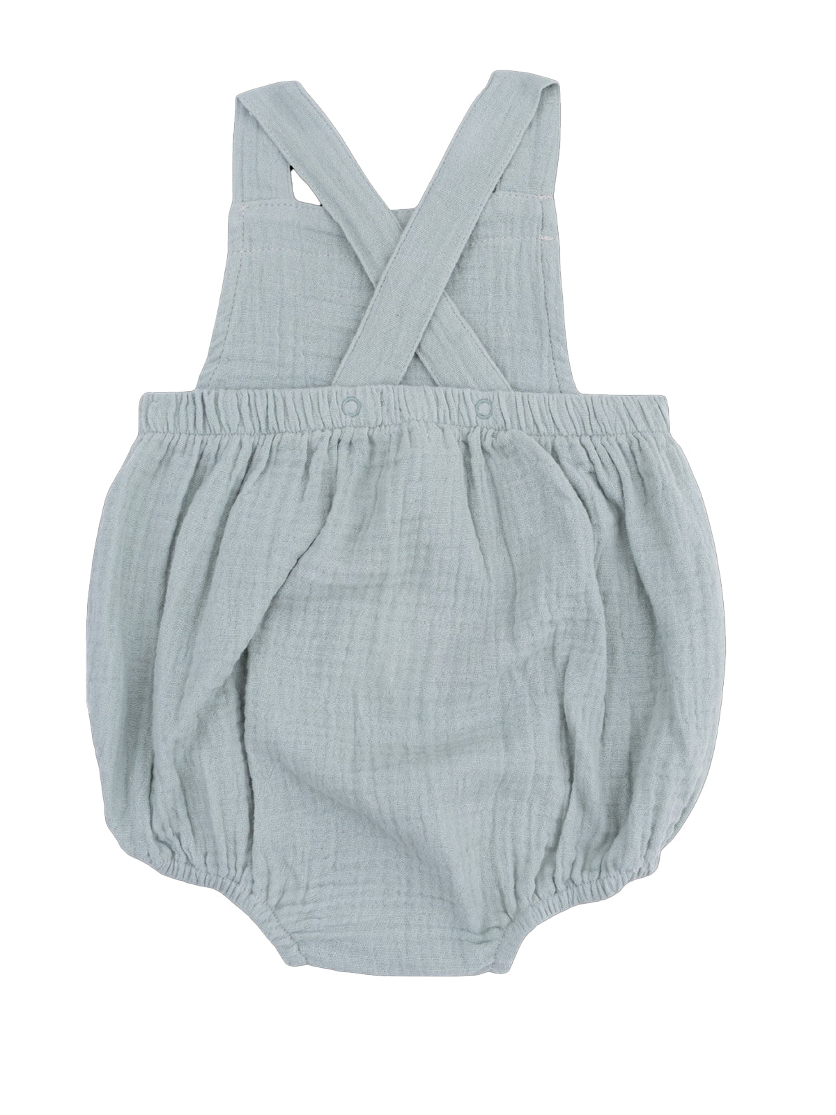Light blue baby romper with cross-back straps and a bubble hem. Soft, breathable fabric ideal for infants.