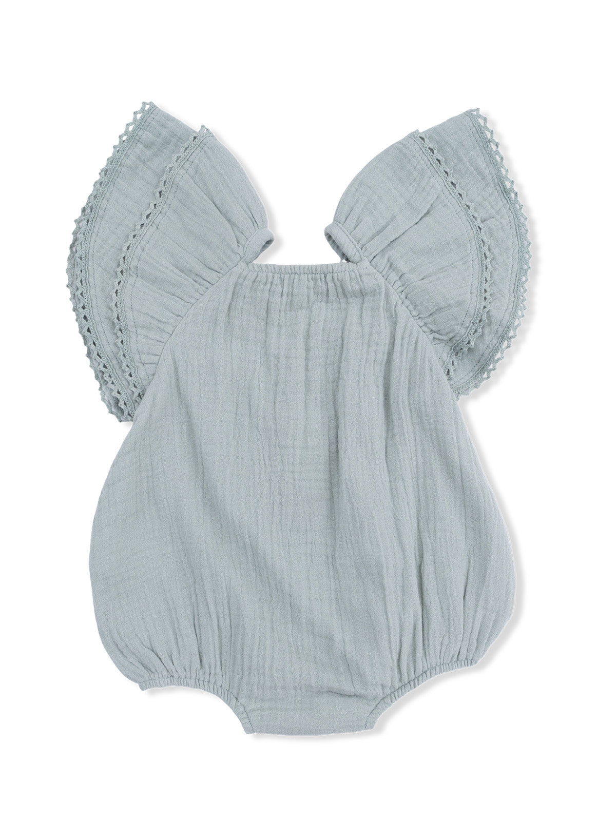 Light blue baby romper with decorative flutter sleeves and a gathered waist.